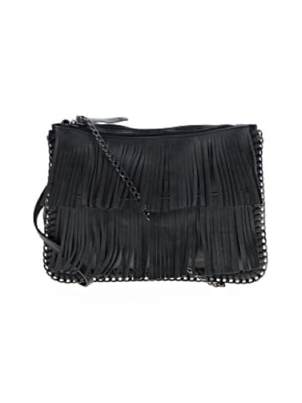 Fringed Black Crossbody Bag with Chain Strap